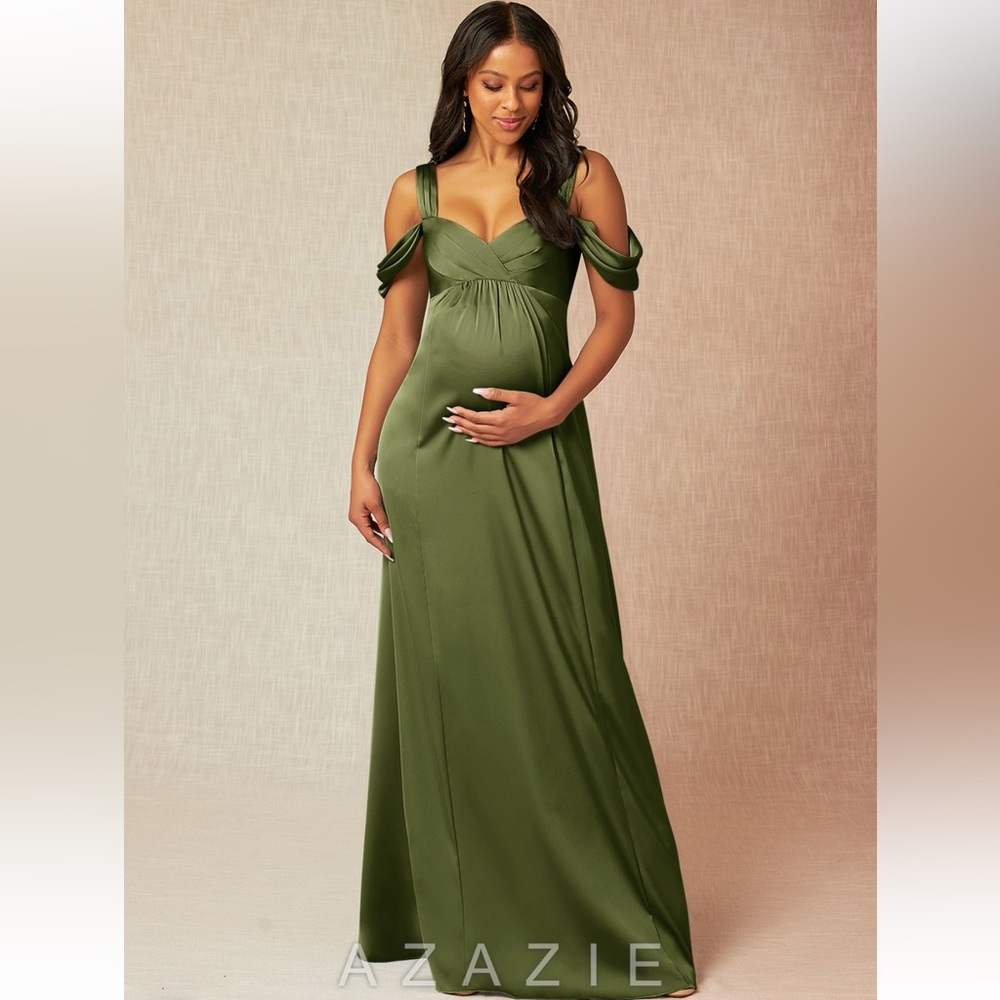 Olive stretch satin maternity dress